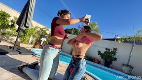 wet jeans, messy cream & poolside girl/girl teasing — part 1
