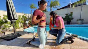 wet jeans, messy cream & poolside girl/girl teasing — part 1