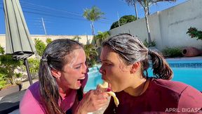 wet jeans, messy cream & poolside girl/girl teasing — part 1