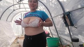 Watch this chubby MILF with glasses strip down & play with her hairy pussy in the greenhouse