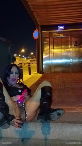 Taniax take off her mini shorts and cum on the street