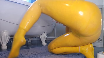 Yellow Transparent Catsuit Masturbation Play