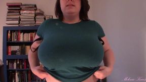 Huge boobs, tit drop, blue shirt