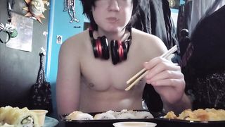 Obese Shemale Gobbling Sushi