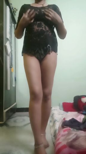 Desi Girl in Black Sheer Top &amp; Panty - Transparent Tease