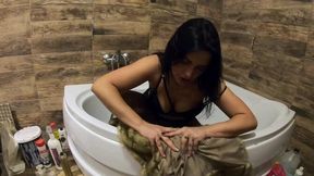 COUGAR in ripped pantyhose pees in bathtub while talking dirty to her