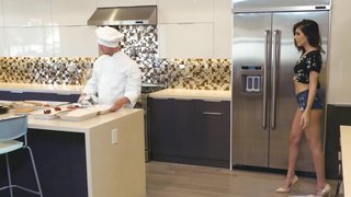 Pleasant girl leaves stepdad to have sex with chef in the kitchen