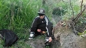 Cute Asian gay twink in a black-and-white adidas tracksuit and Campus sneakers masturbates and cums outdoors