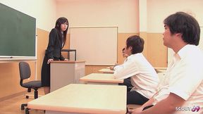 uncensored japan bukkake facial for female milf teacher by boys in classroom