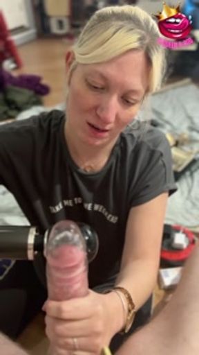 POV Blonde milf gives teasing blowjob inside a cock sleeve