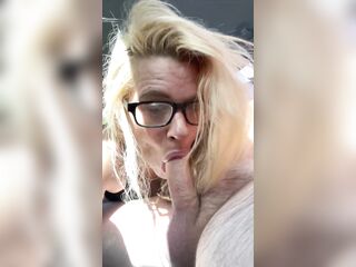 Real hooker wearing glasses gets on her knees in public to take a load of cum in her throat after sucking off an grandpa for cash