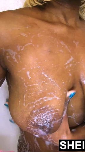 4K Busty Naked Ebony Geek Sheisnovember Showering, Washing Gigantic Nipples, Large Udders Tits, Dirty Ass, and Shaved Pussy