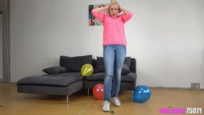 Watch Brittany inflate and pop colorful balloons in a playful and thrilling display! (Mobile quality)