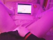 Kawaii girl masturbates after class watching lesbian hentai until squirts and pisses herself