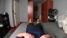 On the bed giving a guy a slow, soothing sexy blowjob and handjob while topless, POV