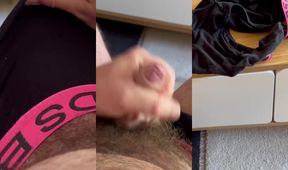 Wanking my hairy cock while cumming all over my dirty briefs