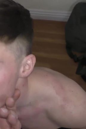 Muscular teen has tight hole painfully stretched by two older doms