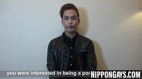 Japanese student interviewed before solo cumshot