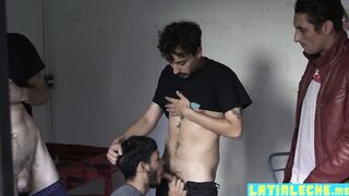 Watch these Latino dudes take turns getting barebacked by a group of guys in a homemade video