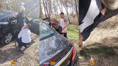 Blonde MILF threesome in public park with passers-by watching