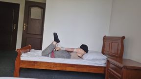 Mily hogtied on bed