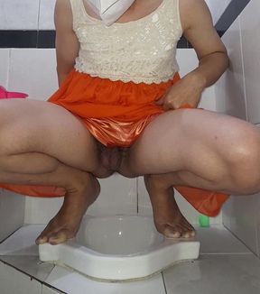 Asian Crossdresser Cumming Wearing Silk Chiffon Dress