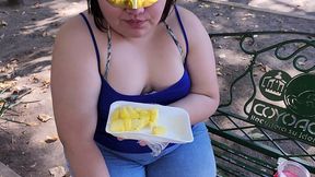 i suck my man s ass, cock and balls, extract a lot of cum and eat it with pineapple in public