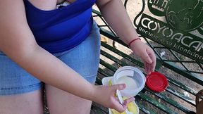 i suck my man s ass, cock and balls, extract a lot of cum and eat it with pineapple in public