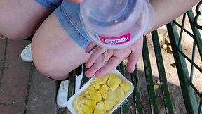 i suck my man s ass, cock and balls, extract a lot of cum and eat it with pineapple in public