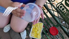 i suck my man s ass, cock and balls, extract a lot of cum and eat it with pineapple in public
