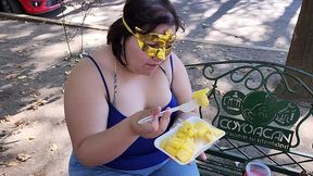 i suck my man s ass, cock and balls, extract a lot of cum and eat it with pineapple in public