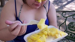 i suck my man s ass, cock and balls, extract a lot of cum and eat it with pineapple in public