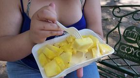 i suck my man s ass, cock and balls, extract a lot of cum and eat it with pineapple in public