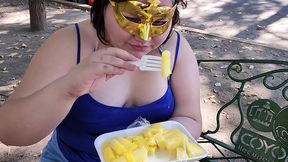 i suck my man s ass, cock and balls, extract a lot of cum and eat it with pineapple in public