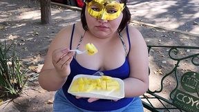 i suck my man s ass, cock and balls, extract a lot of cum and eat it with pineapple in public