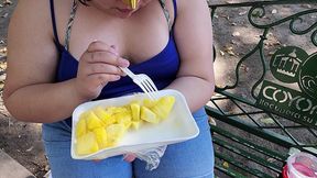 i suck my man s ass, cock and balls, extract a lot of cum and eat it with pineapple in public
