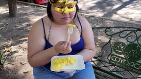 i suck my man s ass, cock and balls, extract a lot of cum and eat it with pineapple in public