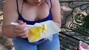 i suck my man s ass, cock and balls, extract a lot of cum and eat it with pineapple in public