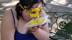 i suck my man s ass, cock and balls, extract a lot of cum and eat it with pineapple in public