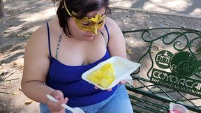 i suck my man s ass, cock and balls, extract a lot of cum and eat it with pineapple in public