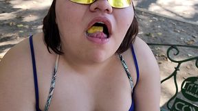 i suck my man s ass, cock and balls, extract a lot of cum and eat it with pineapple in public