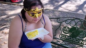 i suck my man s ass, cock and balls, extract a lot of cum and eat it with pineapple in public