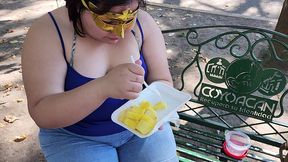 i suck my man s ass, cock and balls, extract a lot of cum and eat it with pineapple in public