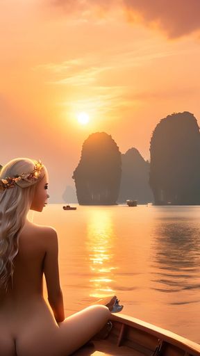 Beautiful Big Breasted Nude Elf Girl Enjoying a Sunset on a Boat in Thailand