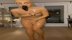 Slavena tries on transparent latex condom catsuit with open boobs and pussy