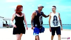 pale white skin redhead bitch pick up at beach for risky outdoor fuck by muscled guy with fat dick