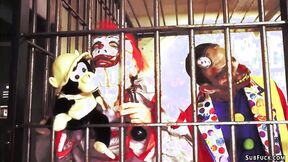 Group of clowns Double penetration fuck petite babe
