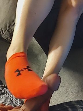 Hot Pink Under Armour Ankle Sock Footjob Sockjob - White &amp; Blue Ankle Sock Handjob Cumshot