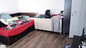 Sexy woman waxes her legs. Amateur woman vacuums the bedroom. Naked sexy woman prepares food in the kitchen.