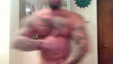 Shaved Headed Tatted Muscle Dad Flexes